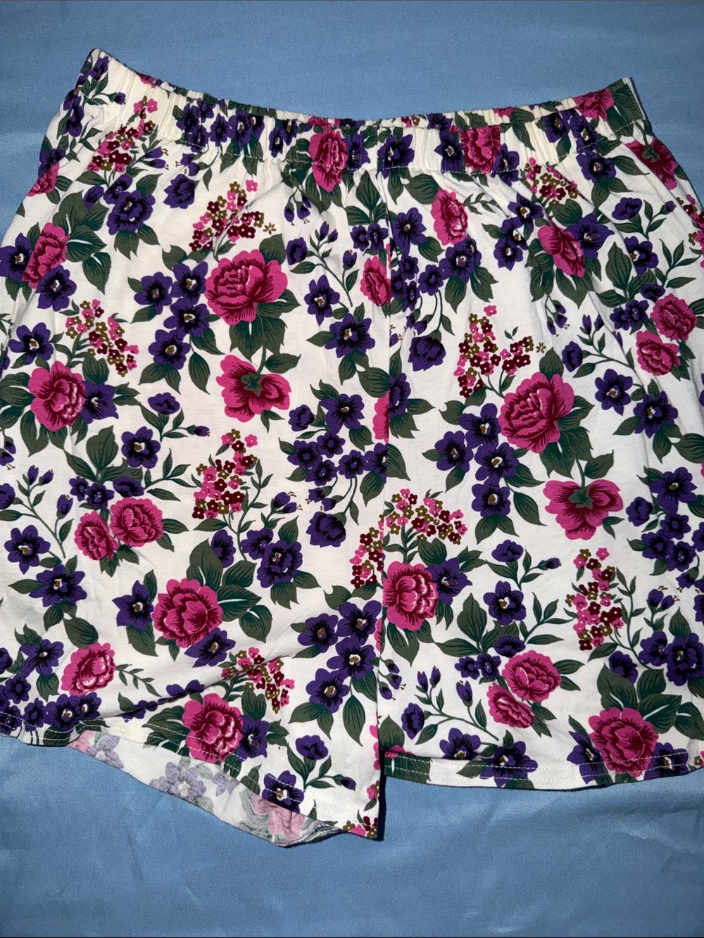 Victoria's Secret White Floral Elastic-Waist Shorts with Pink & Purple Flowers